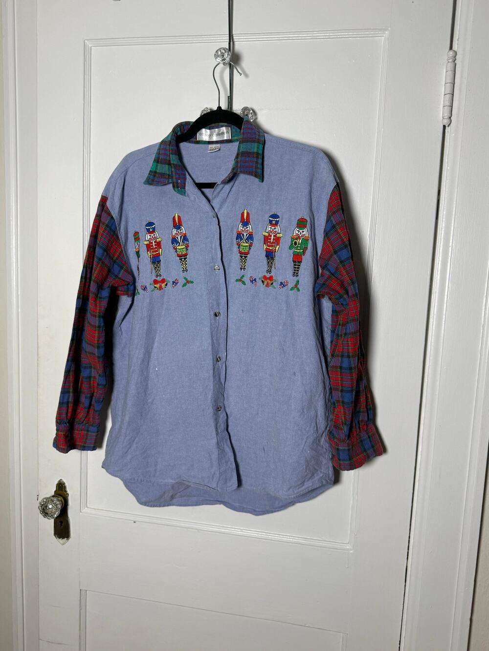 Vintage 1990s Casey Coleman Chambray Tartan Plaid Christmas Nutcracker Shirt L